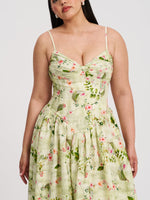 Jacinda Green Floral Print Ruched Breast Linen Midi Dress
