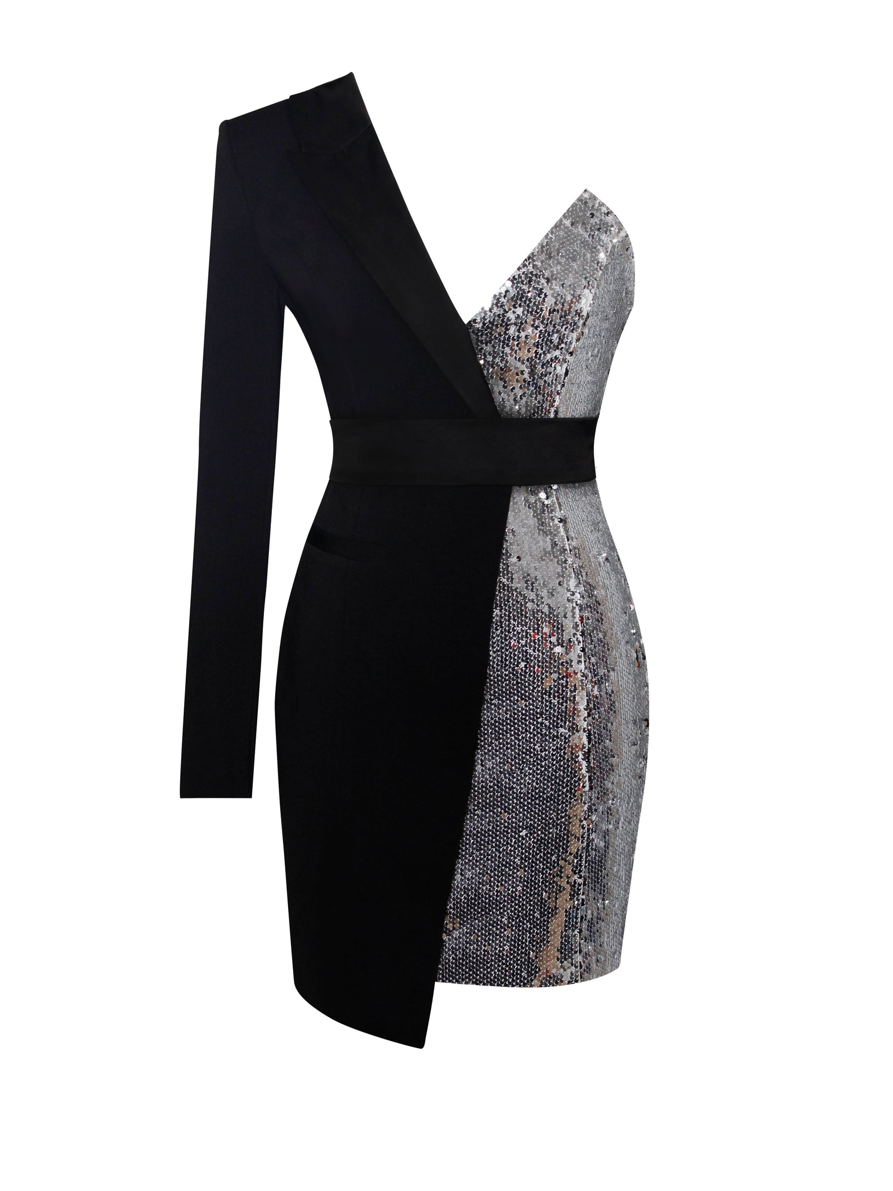 Silver Night Black Sequin Crepe Tuxedo Blazer Dress