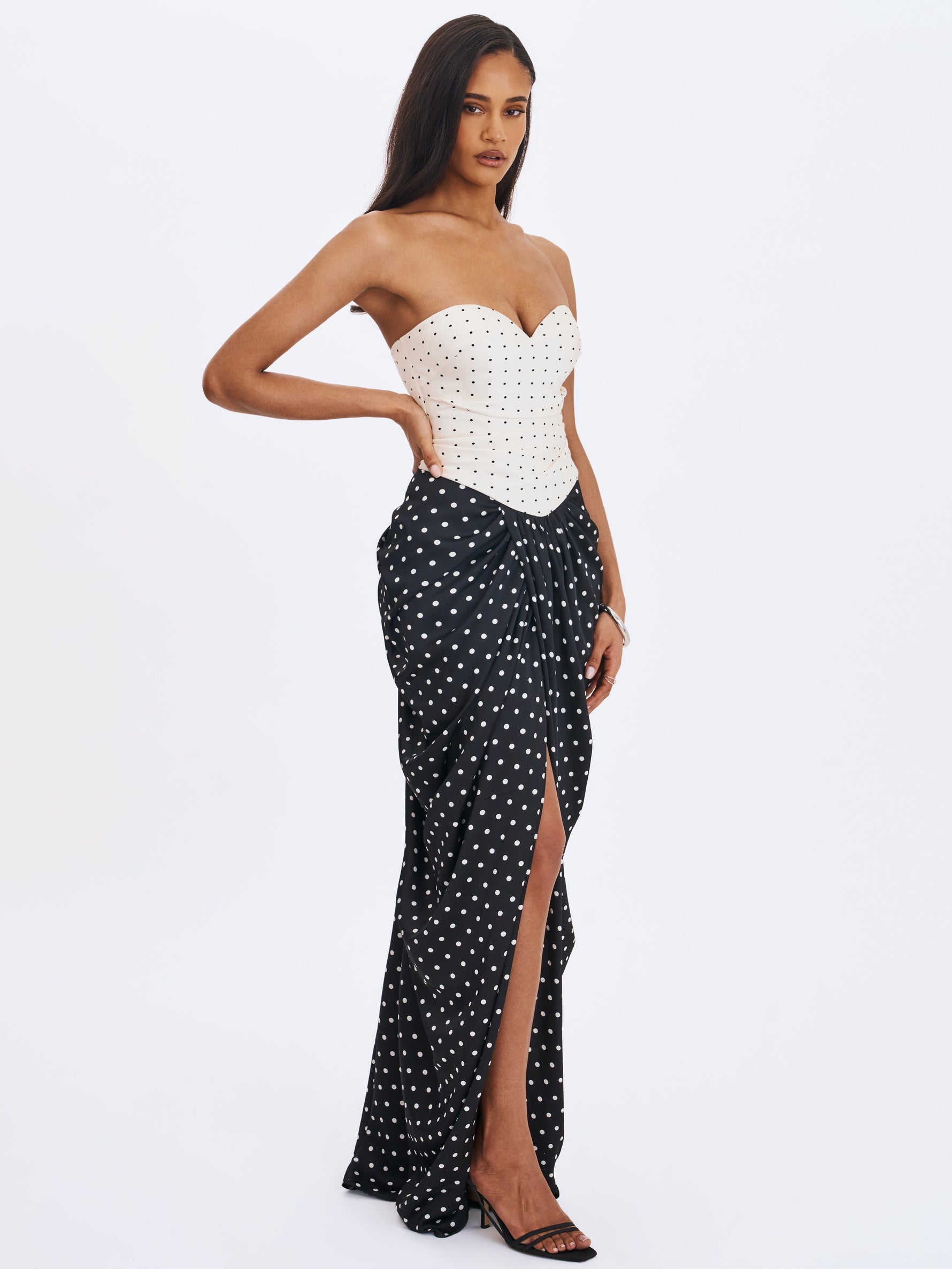 Tamryn Black & White Polka Dot Sweetheart Maxi Dress