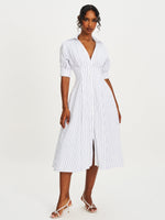 Palina Pinstripes Cotton Poplin Pleated Midi Preppy Shirt Dress Miss Circle