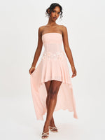 Mae Pink Ruched Breast Appliqué Trim Trailing Dress