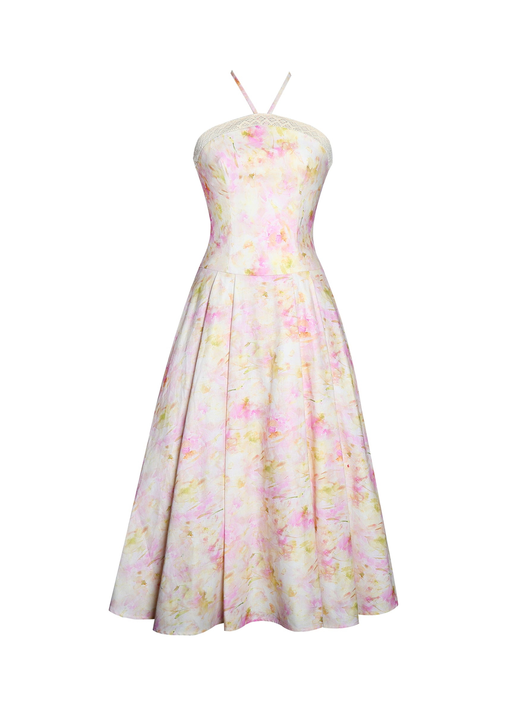 Zaina Yellow Pink Floral Print Lace Trim Linen Midi Dress