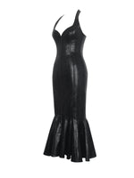 Gardenia Black Leather Midi Sweetheart Halter Flared Dress