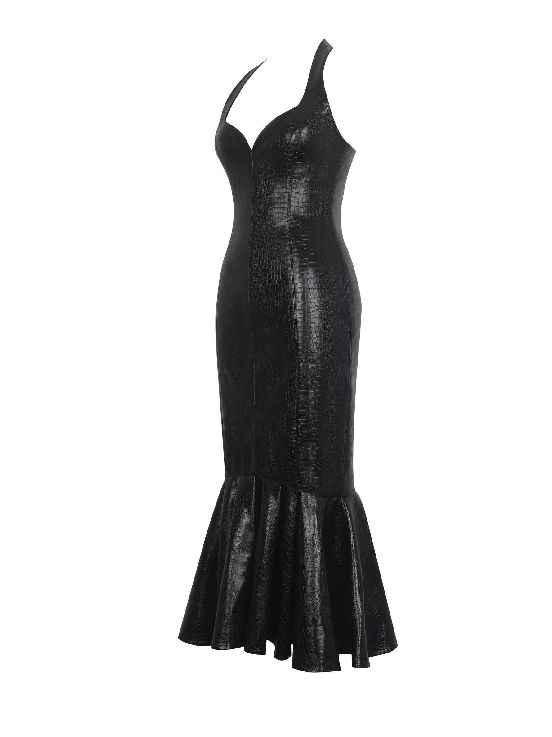 Gardenia Black Leather Midi Sweetheart Halter Flared Dress