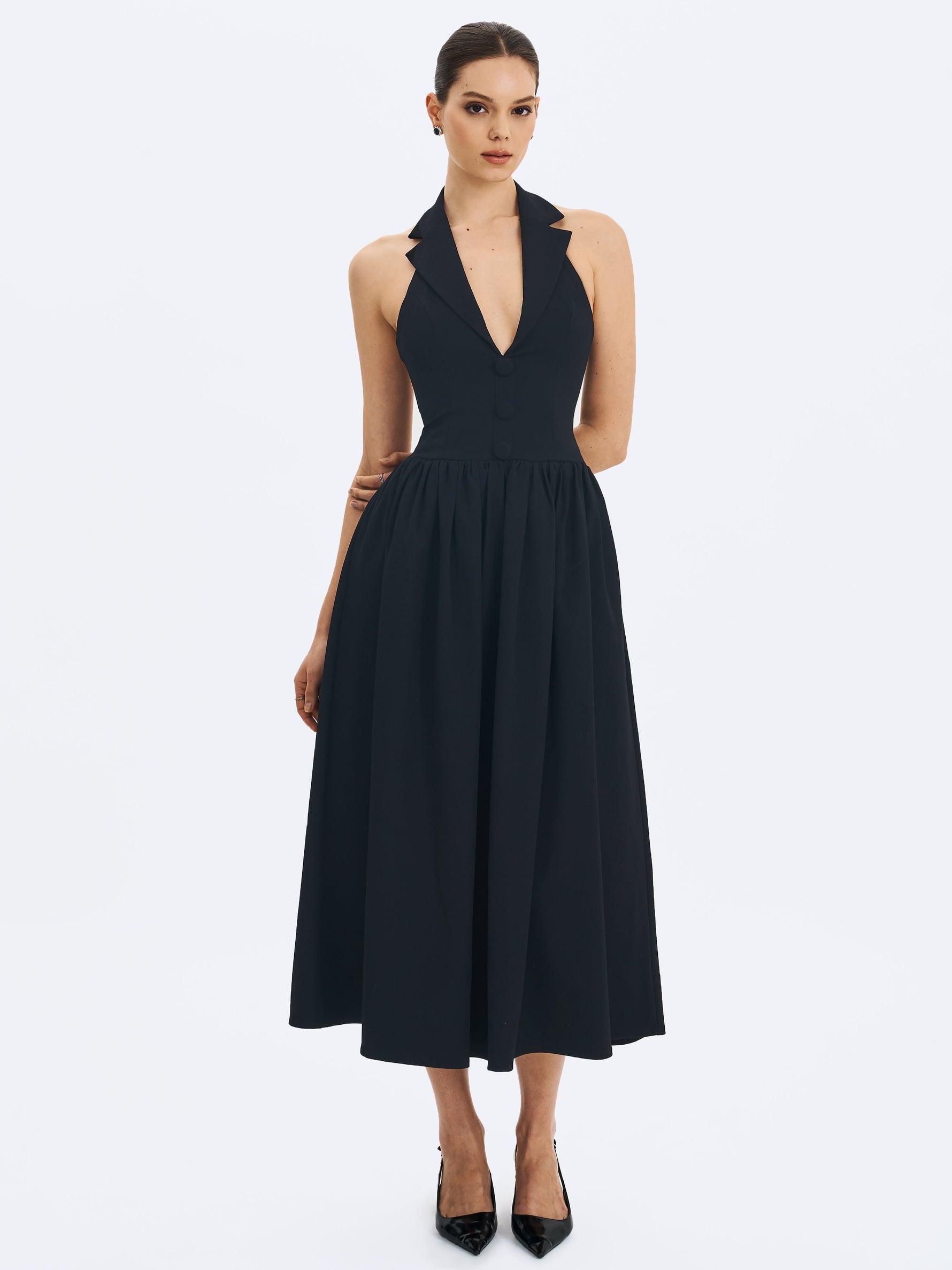 Delaney Black Lapel Halter Midi A-Line Dress Miss Circle
