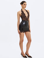 Faris Mahogany Plunging Halter Belted Mini Dress