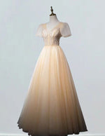 Women's Elegant Beaded V-Neck Evening Gown | Short Sleeves, Formal Prom Dress