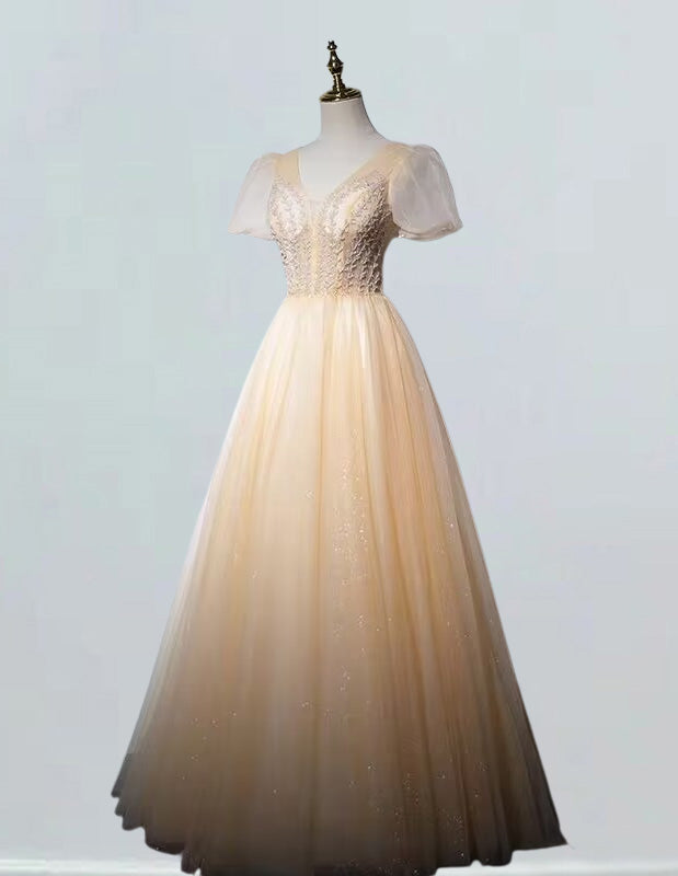 Women's Elegant Beaded V-Neck Evening Gown | Short Sleeves, Formal Prom Dress