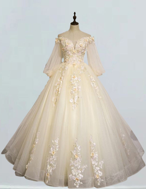 Champagne long tulle ball gown,long sleeve Lace applique Bridal gown