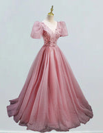 Pink V Neck Sparkle Tulle Prom Dress,Long Wedding Bridal Dress