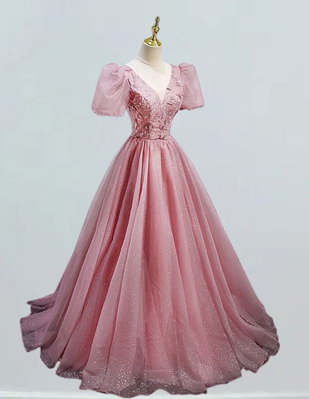 Pink V Neck Sparkle Tulle Prom Dress,Long Wedding Bridal Dress