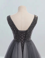 Women's Elegant V-Neck Tulle Prom Dress | Rhinestone Beaded Ball Gown