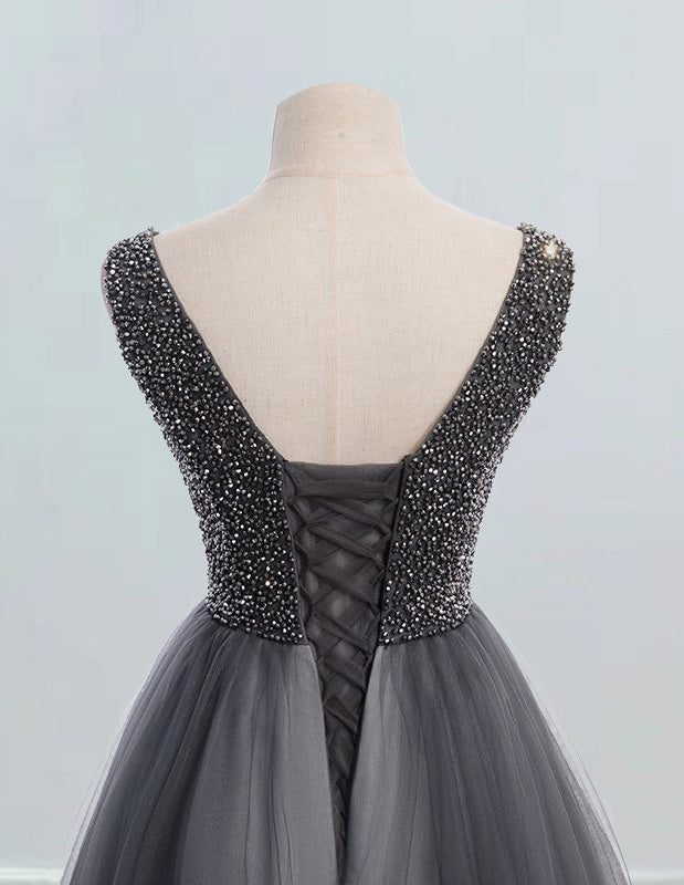 Women's Elegant V-Neck Tulle Prom Dress | Rhinestone Beaded Ball Gown