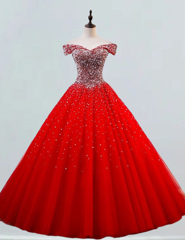 Red off the shoulder beaded rhinestone ball gown prom dress sparkle fluffy tulle wedding gown bridal dress