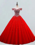 Red off the shoulder beaded rhinestone ball gown prom dress sparkle fluffy tulle wedding gown bridal dress