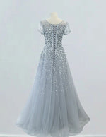 Silver Grey Tulle Prom Dress with Rhinestone Sleeves - Girls' Elegant Evening Gown