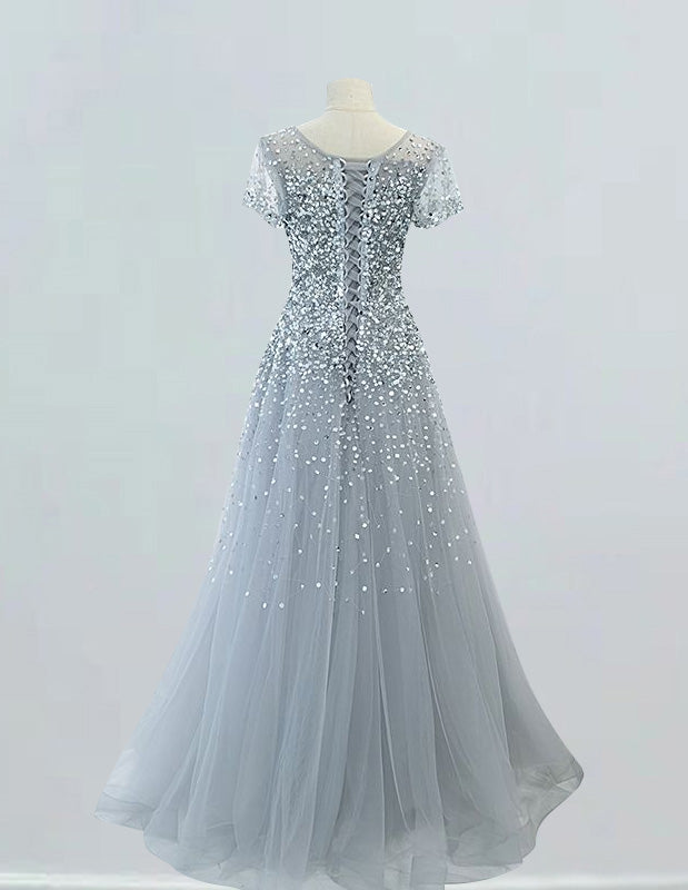 Silver Grey Tulle Prom Dress with Rhinestone Sleeves - Girls' Elegant Evening Gown