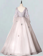 Women's Elegant Grey Lace Applique Tulle V-Neck Prom Ball Gown