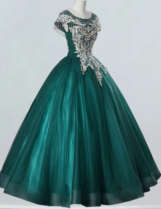 Green Lace Applique Prom Gown | Boat Neck Princess Evening Dress