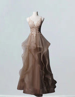 Women's V-Neck Lace Applique Ball Gown | Beaded Spaghetti Strap Prom Dress