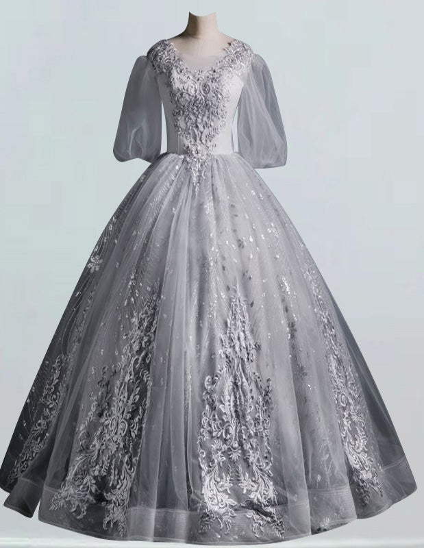 V-Neck Beaded Evening Ball Gown | Princess Prom Dress with Sleeves