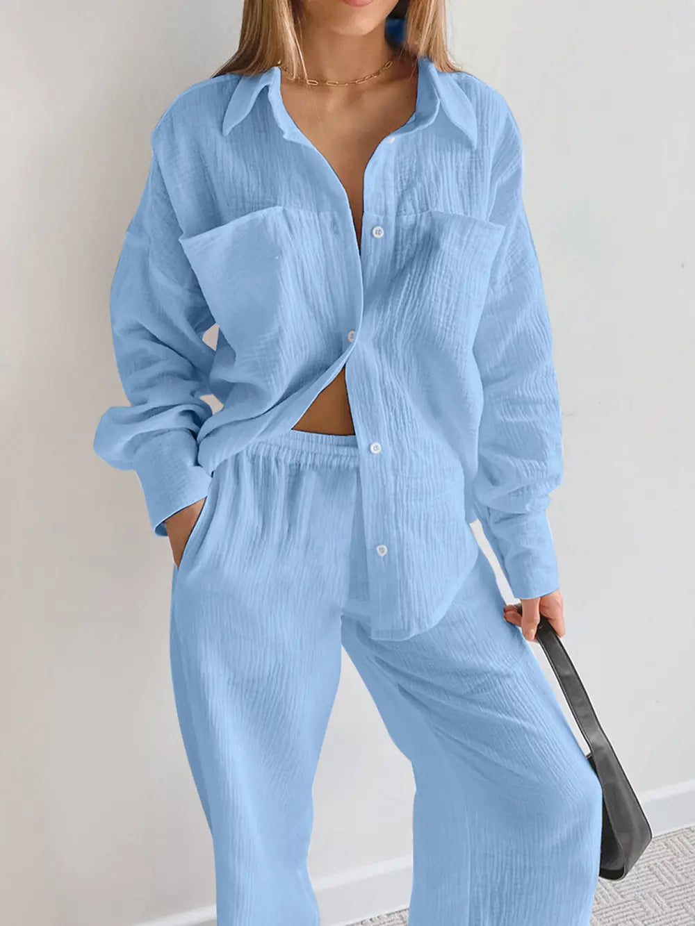 Texture Button Up Long Sleeve Shirt and Pants Set - By Baano