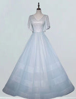 Women's Silver Sequin Tulle V-Neck Prom Gown with Sleeves | Elegant Evening Dress