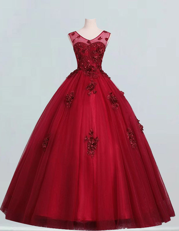 Burgundy Princess Tulle Ball Gown | Lace Applique Prom & Evening Dress