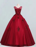 Burgundy Princess Tulle Ball Gown | Lace Applique Prom & Evening Dress