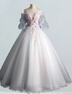Elegant Off-Shoulder Tulle Prom Dress with Lace Applique & Floral Accents