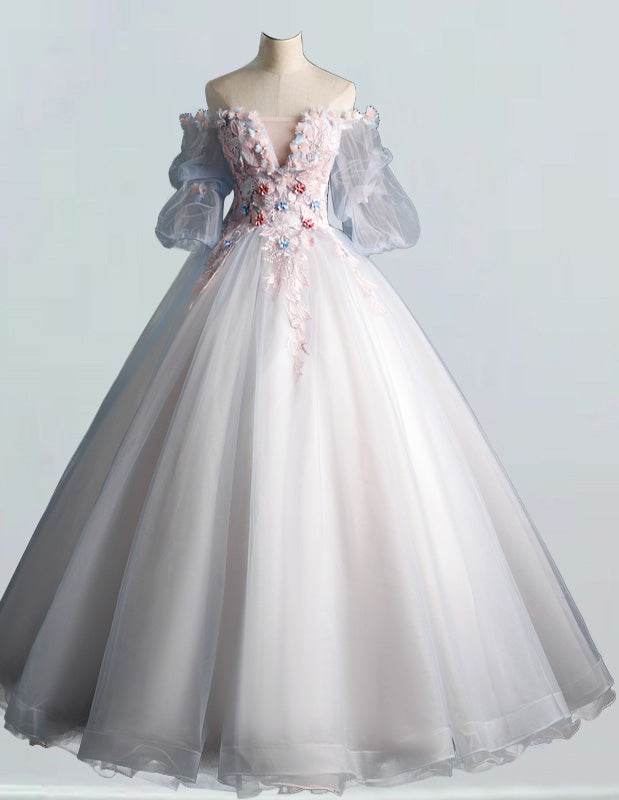 Elegant Off-Shoulder Tulle Prom Dress with Lace Applique & Floral Accents