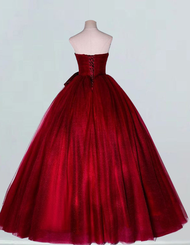 Burgundy Strapless Tulle Evening Gown | Prom & Bridal Ball Dress