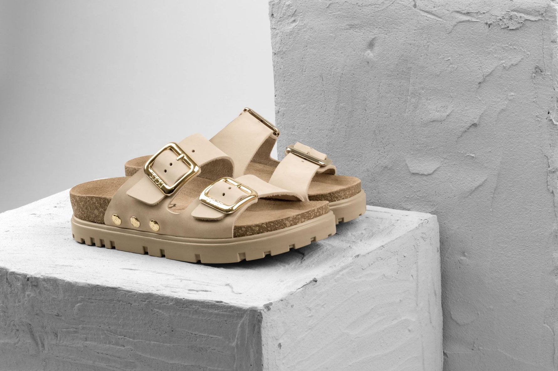 Portofino II by LEON- Women’s Leather Sandal – Double Strap Slide with Cork-style Footbed & Adjustable Buckle