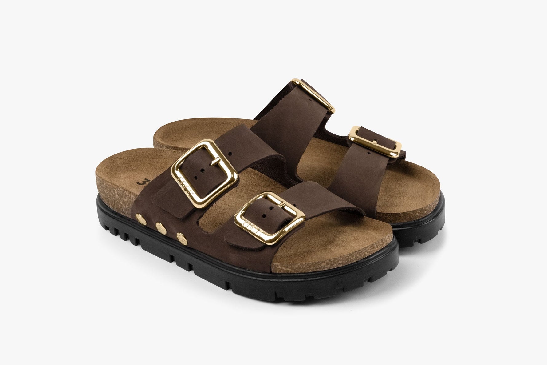 Portofino II by LEON- Women’s Leather Sandal – Double Strap Slide with Cork-style Footbed & Adjustable Buckle