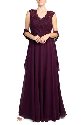 Cachet Embellished Scalloped Neck Cap Sleeve Zipper Back Flutter Embroidered Mesh Chiffon Dress with Scarf - By Baano