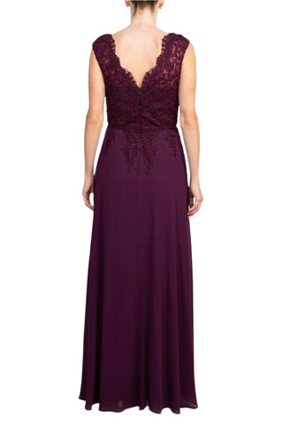 Cachet Embellished Scalloped Neck Cap Sleeve Zipper Back Flutter Embroidered Mesh Chiffon Dress with Scarf - By Baano