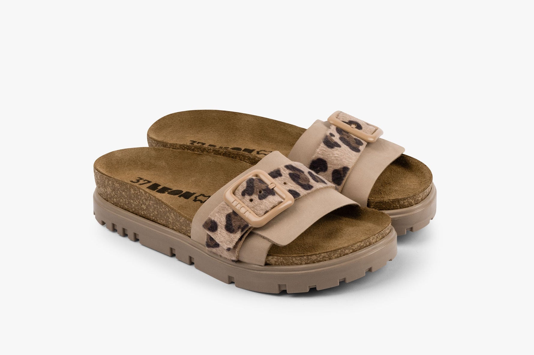 Tessa by LEON- Women’s Leather Sandal – Layered Strap Slide with Cork-style Footbed & Adjustable Buckle