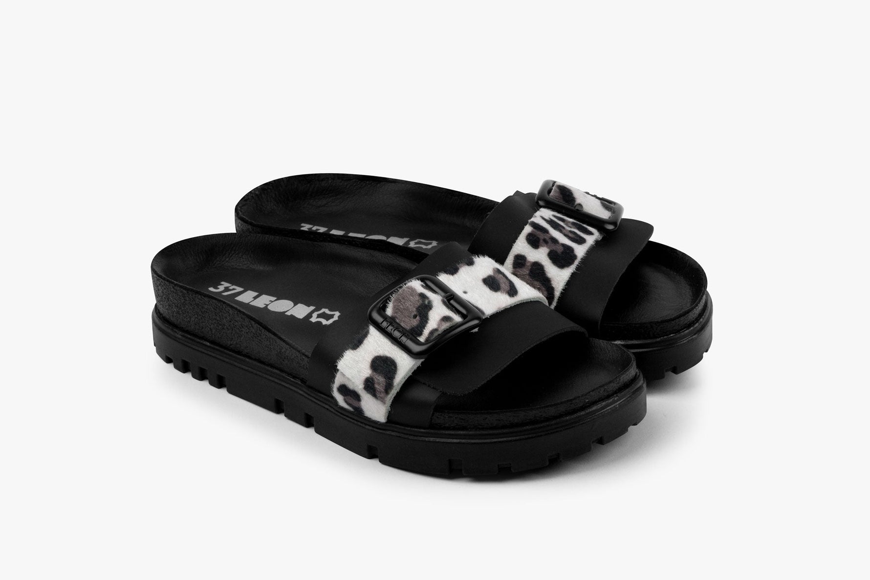 Tessa by LEON- Women’s Leather Sandal – Layered Strap Slide with Cork-style Footbed & Adjustable Buckle