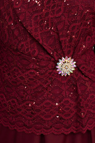 Cachet Boat Neck 3/4 Sleeve Embroidered Top Brooch Detail Mesh Dress - By Baano