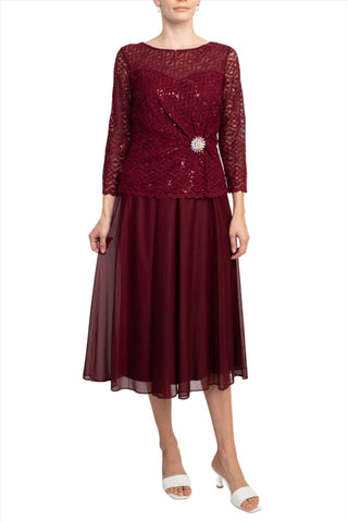 Cachet Boat Neck 3/4 Sleeve Embroidered Top Brooch Detail Mesh Dress - By Baano