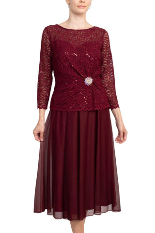 Cachet Boat Neck 3/4 Sleeve Embroidered Top Brooch Detail Mesh Dress - By Baano