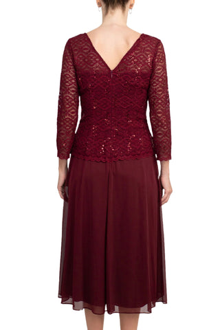Cachet Boat Neck 3/4 Sleeve Embroidered Top Brooch Detail Mesh Dress - By Baano
