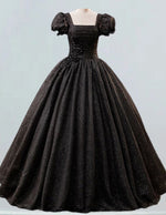 Women's Elegant Black Prom Dress Puff Sleeves Square Neckline Evening Gown