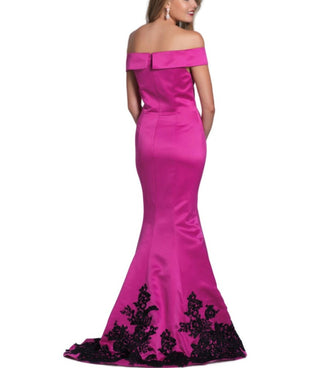 Dave & Johnny Off-Shoulder Bodycon Zipper Back Embellished Solid Mermaid Crepe Gown - By Baano
