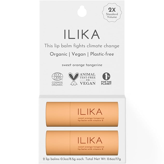 ILIKA Lip balm Organic, Vegan, Plastic-free, 100% Plant-based, 2X Volume, COSMOS Certified Organic, PETA Certified Vegan & Cruelty-Free, 2 Pack, Orange Tangerine - By Baano