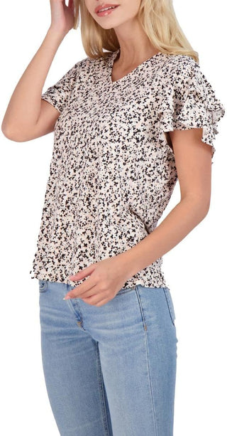 Adrianna Papell V-Neck Double Flutter Short Sleeve Printed Knit Moss Crepe Top - By Baano