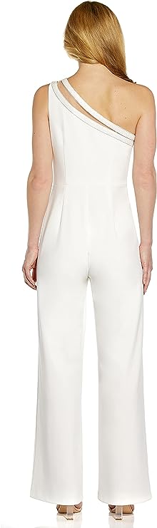 Adrianna Papell Embellished One Shoulder Zipper Side Straight Leg Solid Jumpsuit - By Baano