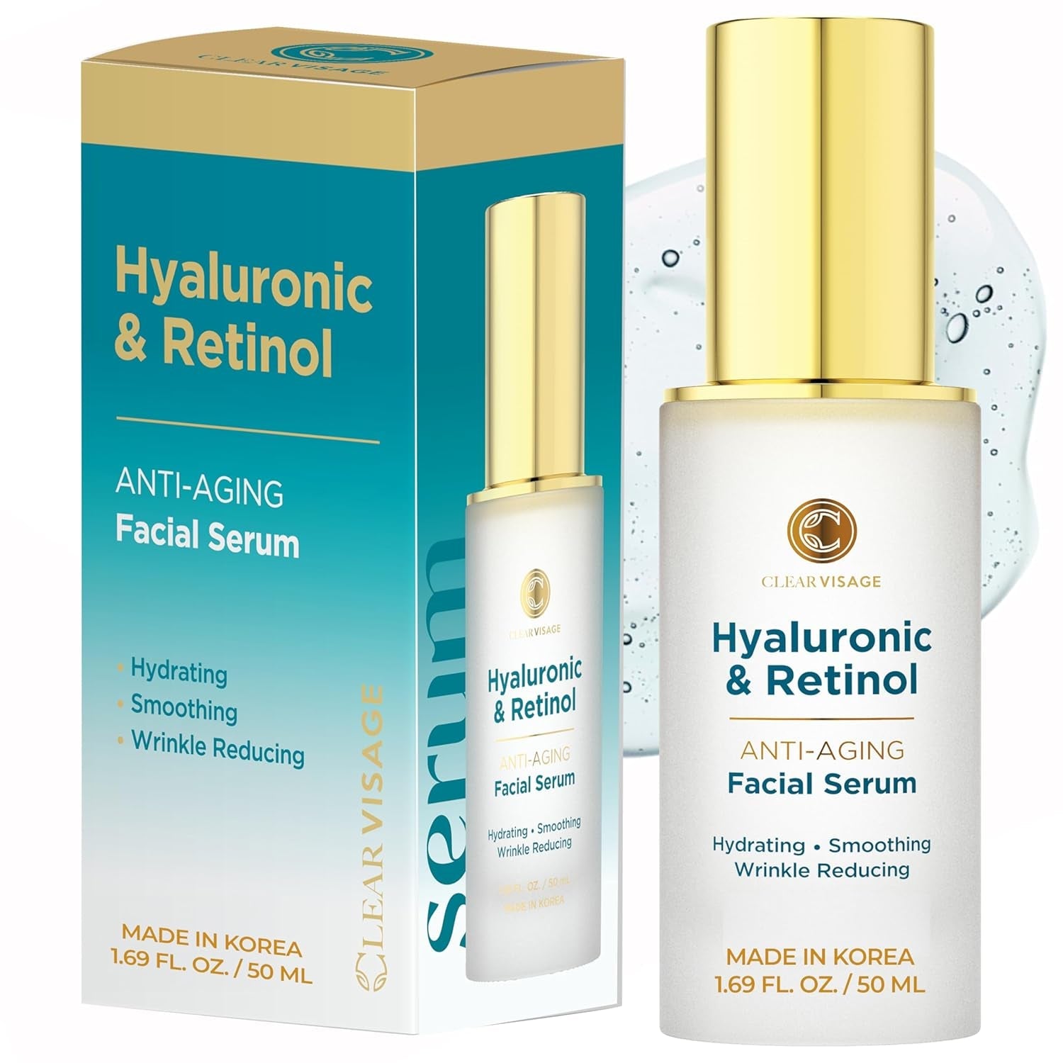 Hyaluronic Acid & Retinol Serum - Revitalizing Anti-Aging, Radiant Glowing Complexion, Wrinkle Reduction - Dermatologist Tested, Korean Skin Care, Clean Beauty - 1.69 Fl. Oz