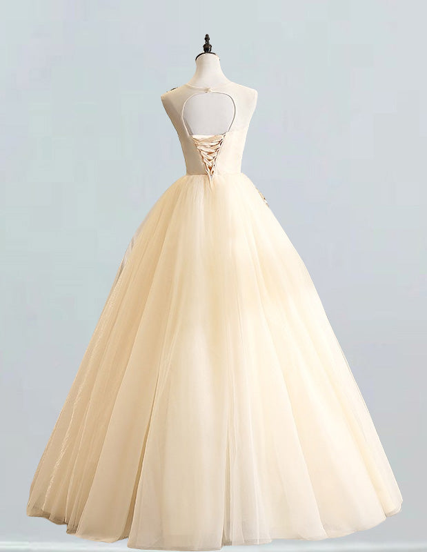 Champagne Lace Applique Tulle Ball Gown | Scoop Neck Prom & Evening Dress