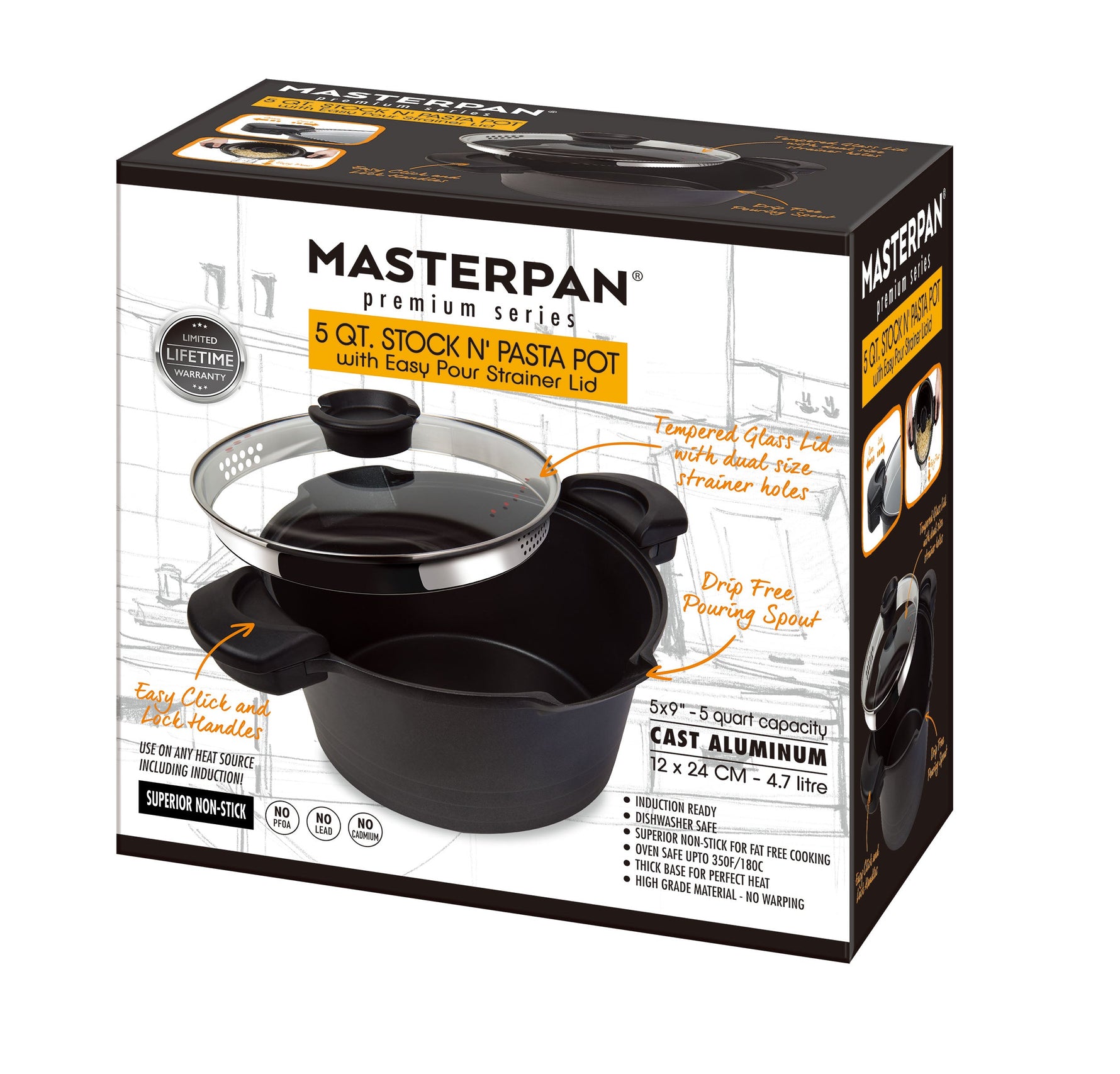 MASTERPAN Nonstick Stock & Pasta Pot With Glass Lid Strainer, 5 QT., 9